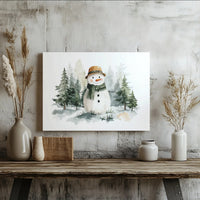 Watercolor Snowman Wall Art | Winter Forest Christmas Canvas Print | Premium Gallery Wrap Decor | Holiday Seasonal Gift for Home