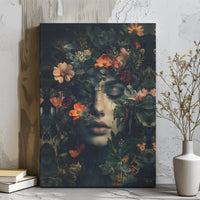 Moody Floral Woman Portrait Canvas | Dark Botanical Fine Art Print | Premium Gallery Wrap Wall Decor | Dreamy Nature Aesthetic Gift