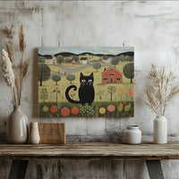 Folk Art Black Cat Canvas Print | Whimsical Rural Landscape Wall Decor | 1.25" Gallery Wrap | Premium Farmhouse Artwork for Cat Lovers