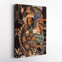 Japanese Samurai Fighting Dragon Canvas Wall Art | Ukiyo-E Warrior Print | Premium Gallery-Wrapped Wooden Frame | Unique Asian Decor Gift