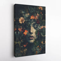 Moody Floral Woman Portrait Canvas | Dark Botanical Fine Art Print | Premium Gallery Wrap Wall Decor | Dreamy Nature Aesthetic Gift
