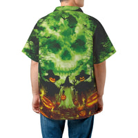 Halloween Hawaiian Shirt | Spooky Green Skull & Jack O' Lantern Print | Breathable Woven Polyester | Fun Men's Gift for October Holiday Parties
