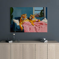 Tiger Wall Art Canvas | Whimsical Couch Couple Portrait | Gallery Wrap Premium Print | Funny Animal Home Decor Gift