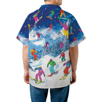Skiing Hawaiian Shirt | Retro Snowboarder Winter Mountain Print | Premium Woven Polyester | Unique Gift for Skiers and Winter Sports Lovers