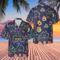 Neon Christmas Hawaiian Shirt | Festive Holiday Pattern With Snow Globes & Reindeer | Premium Wrinkle-Resistant Poly | Fun Christmas Party Gift For Men